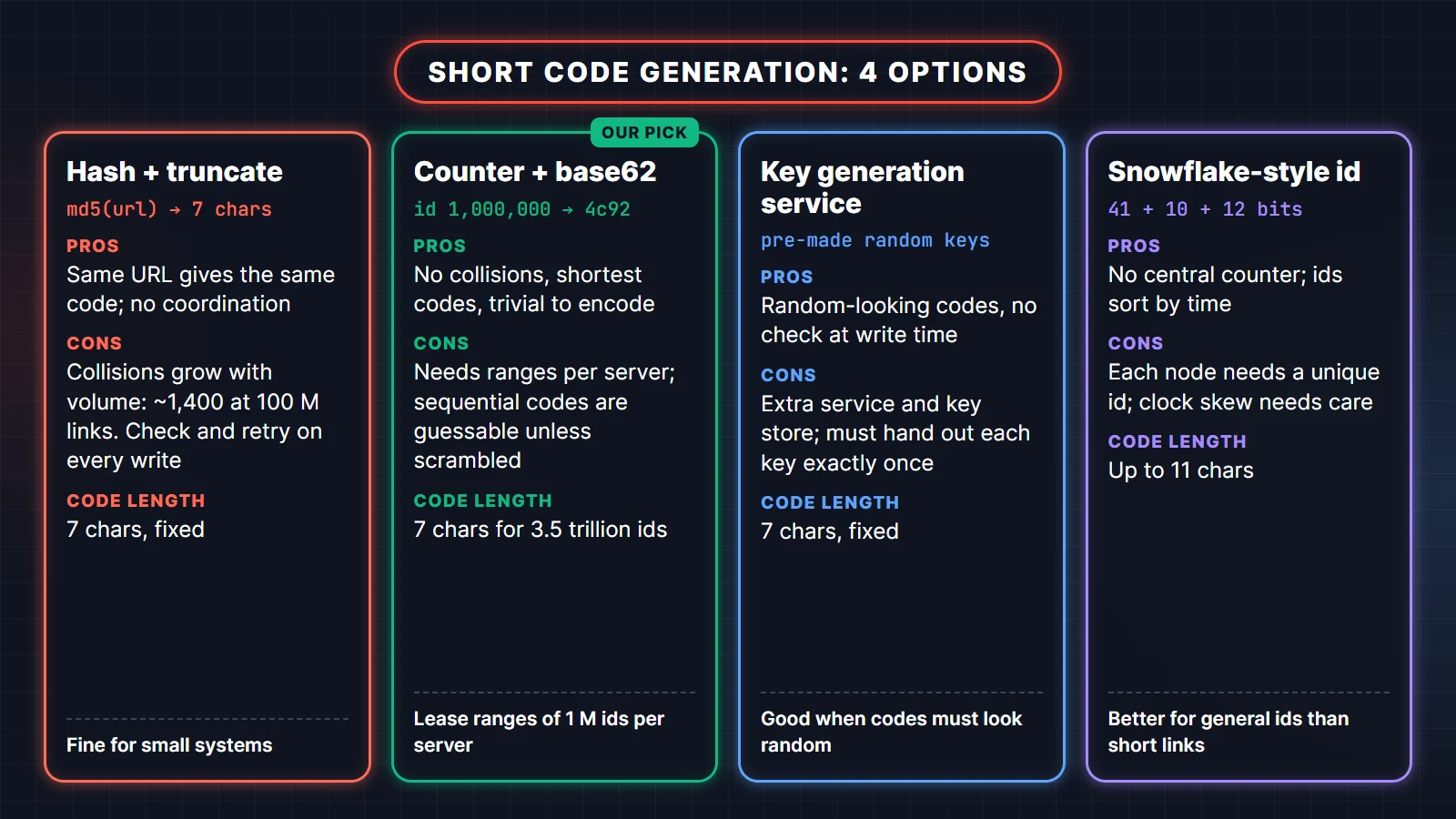 Short URL generation options compared: hash and truncate, counter with base62 encoding, key generation service, and Snowflake-style IDs, with pros, cons and code length