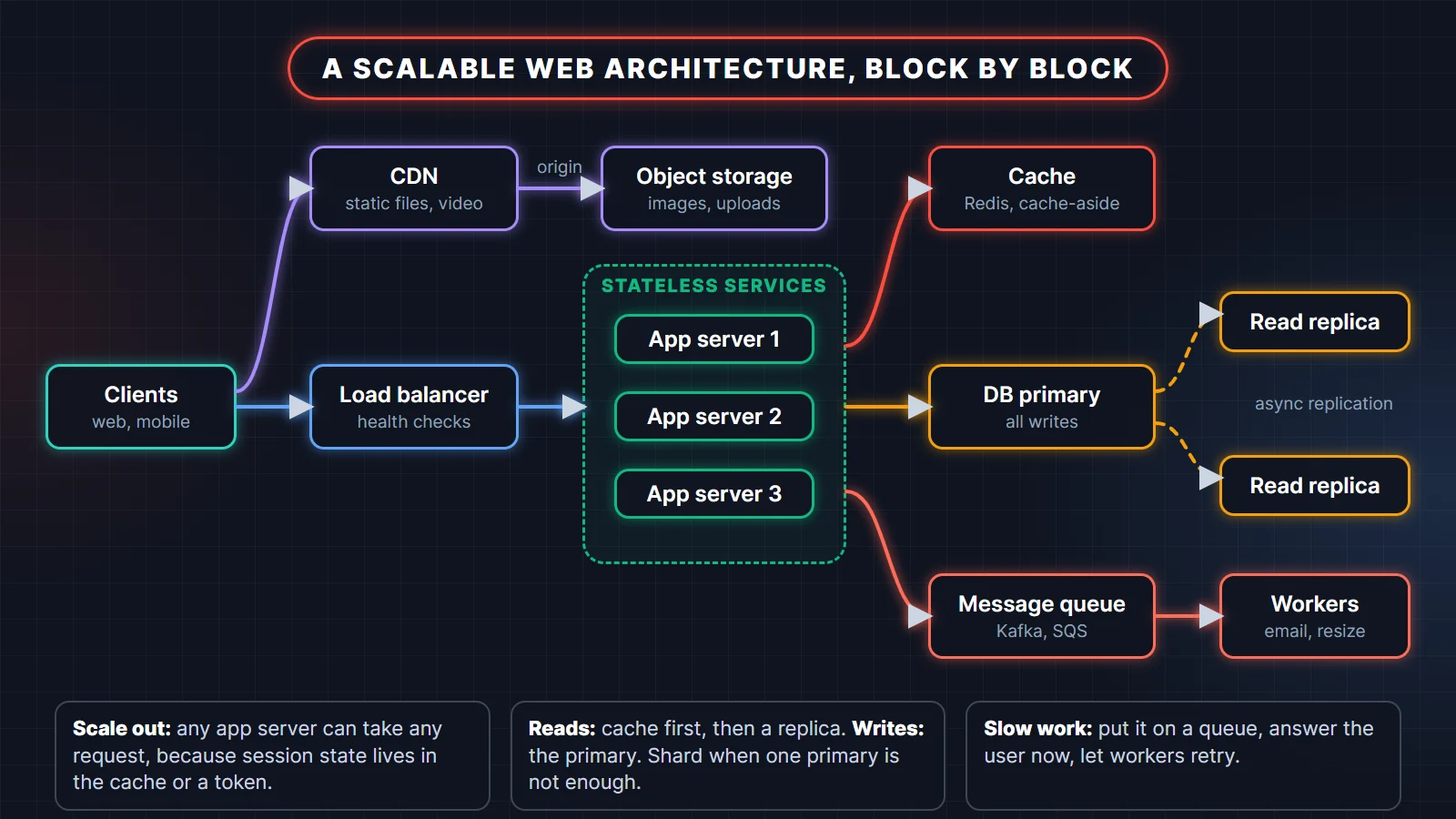 Scalable web architecture for system design interviews: clients, CDN and object storage, load balancer, stateless app servers, Redis cache, primary database with read replicas, message queue and workers
